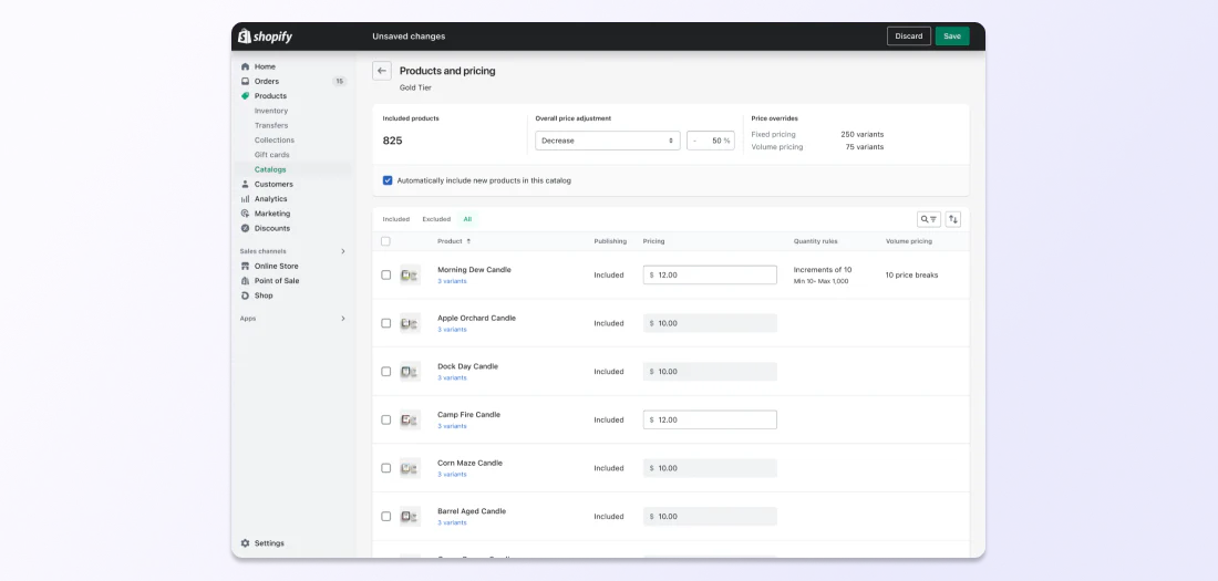 Shopify’s interface showing catalog customization options.