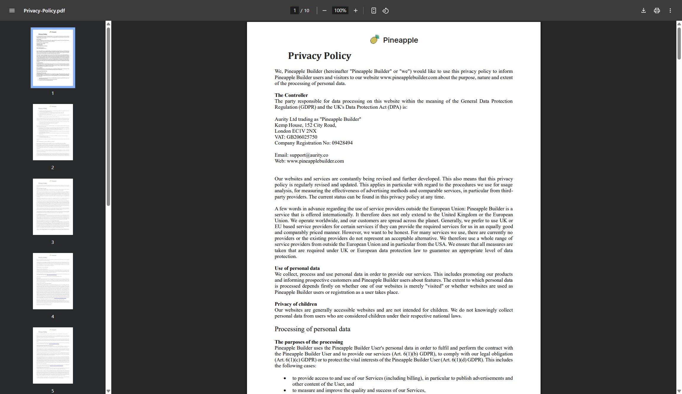 Pineapple Builder privacy policy