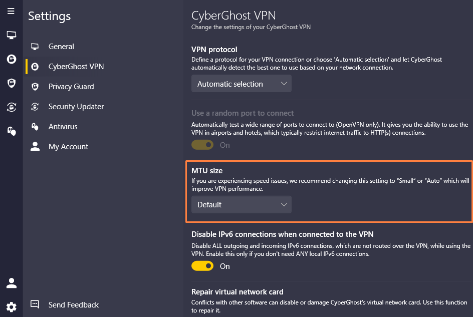Screenshot of the CyberGhost VPN configuration panel with the option to adjust the MTU settings.