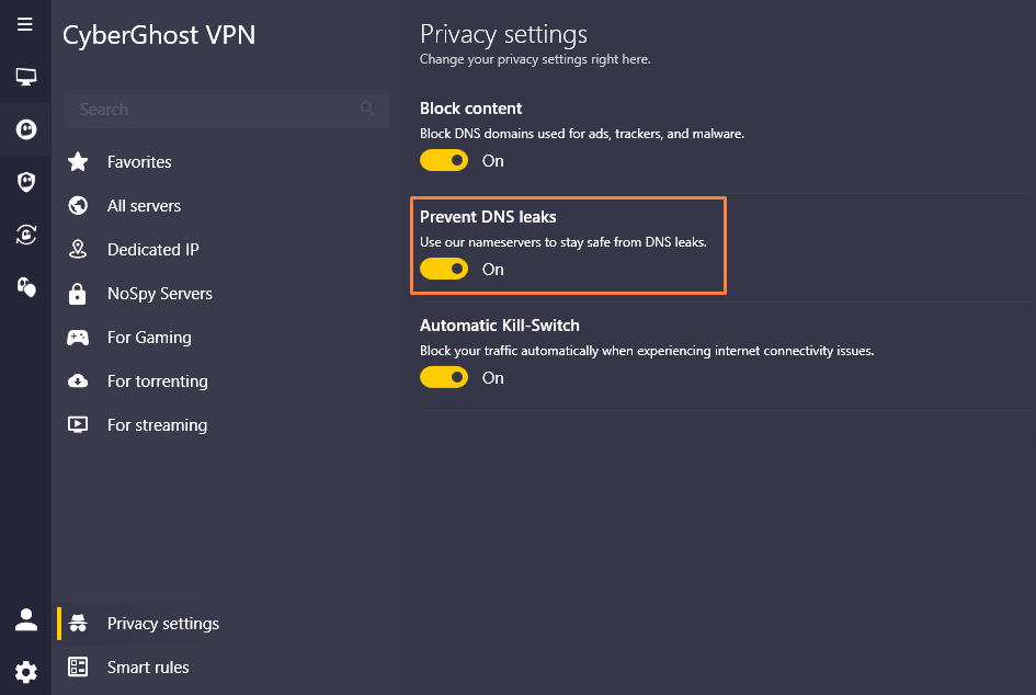 Screenshot of the CyberGhost VPN configuration panel highlighting the DNS leak prevention feature.