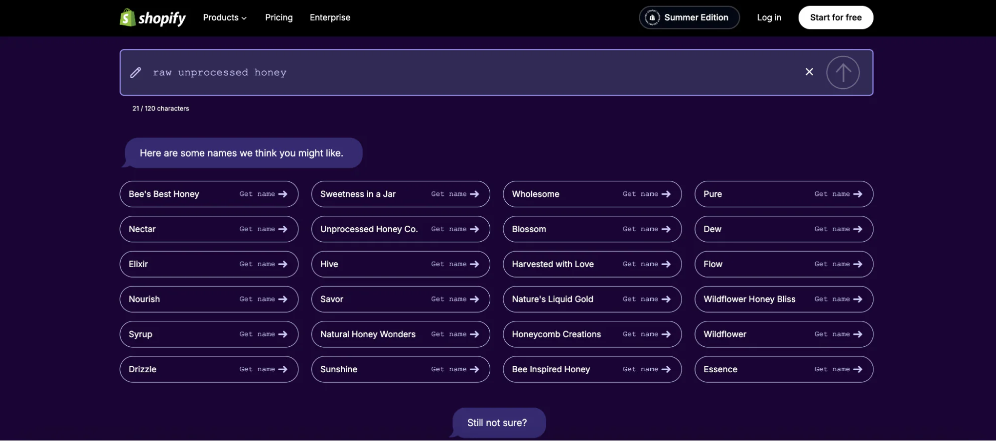 Shopify AI name generator showing results for “raw unprocessed honey”.