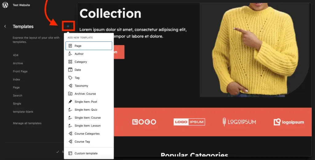 Add a new template in the WordPress template editor