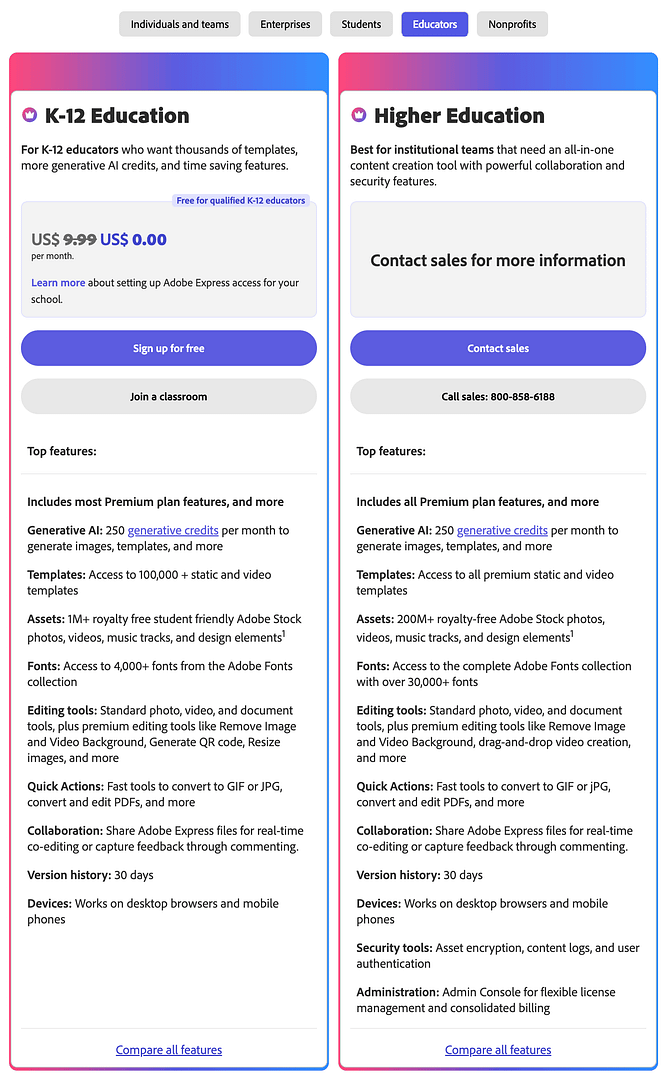 Adobe Express pricing for educators.