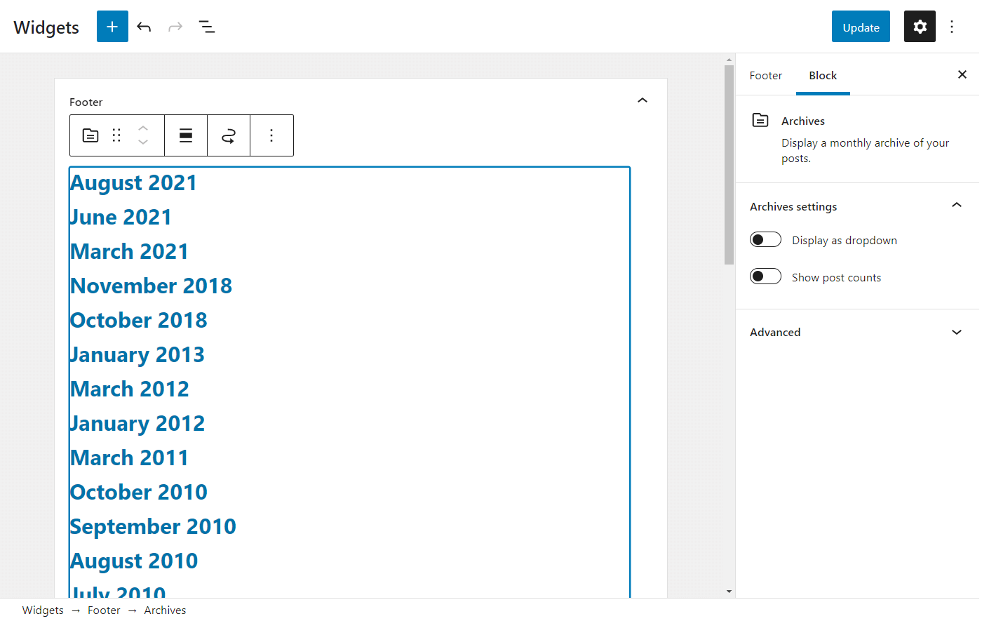 An example of the Archive widget.