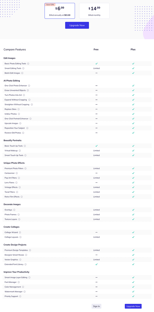 BeFunky pricing plans.