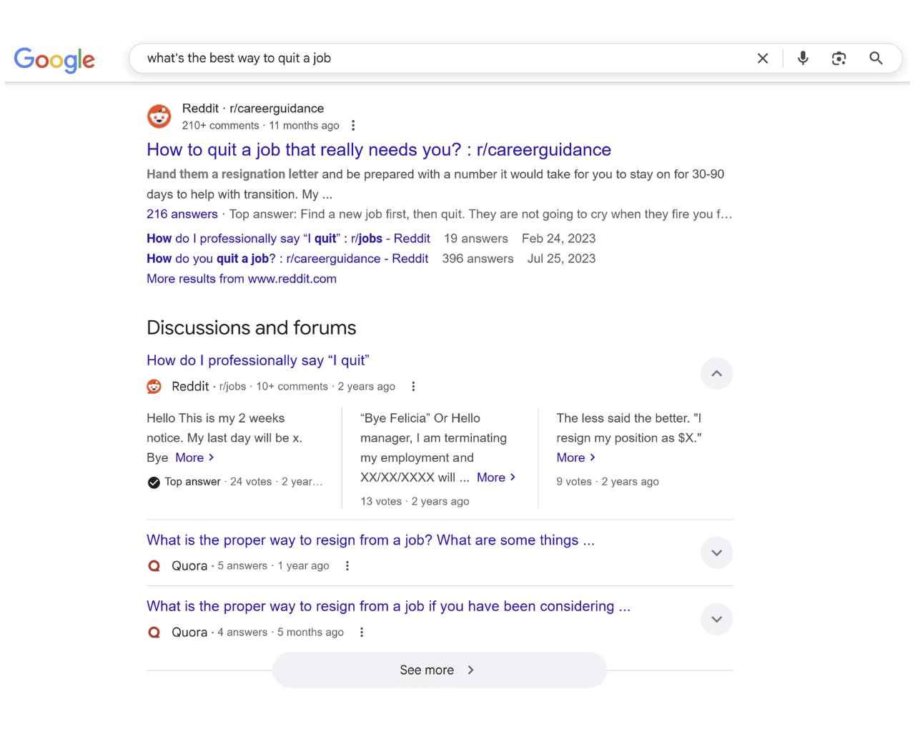 A screenshot shows Reddit forums resulting from a Google search about how to quit a job