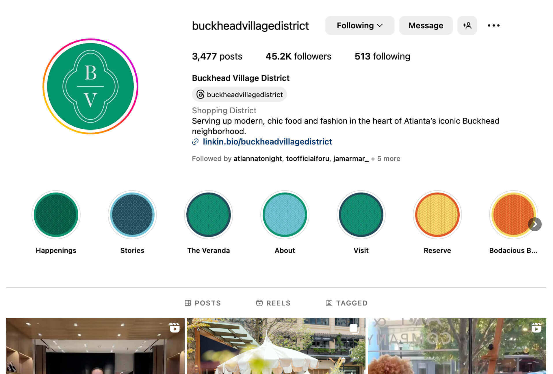 A screenshot shows the Instagram profile for Buckethead Village District, which includes its location and a clear handle