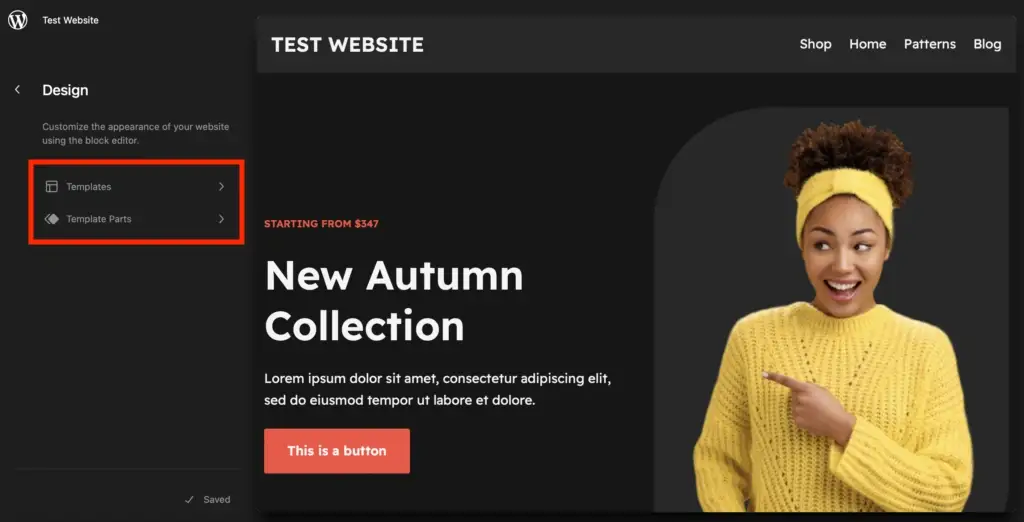 Choose either templates or template parts in the WordPress template editor