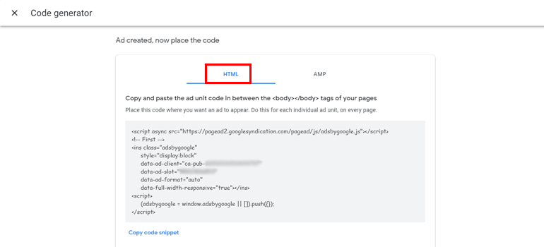 Copy HTML Code - How to Place Ads in WordPress