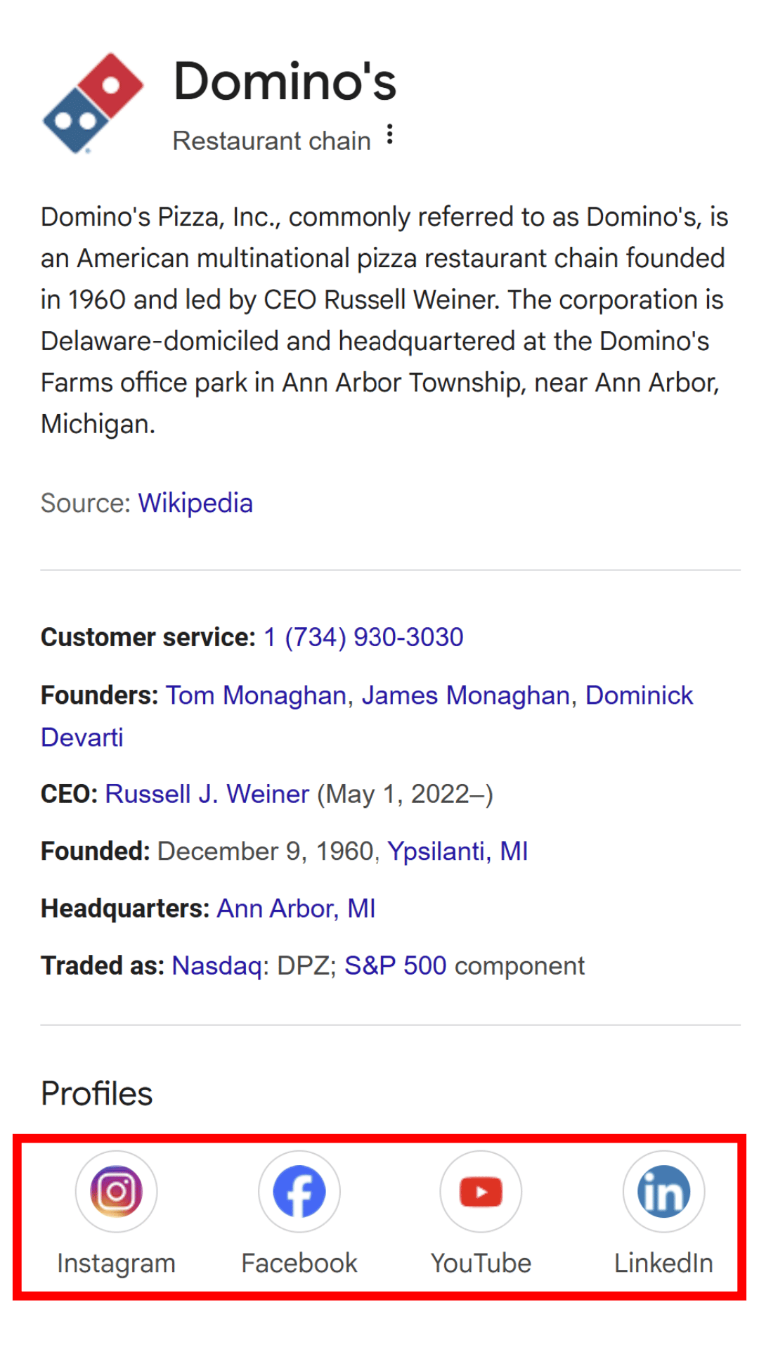 A screenshot shows Domino’s Pizza’s Google Business Profile, which showcases its social media profiles