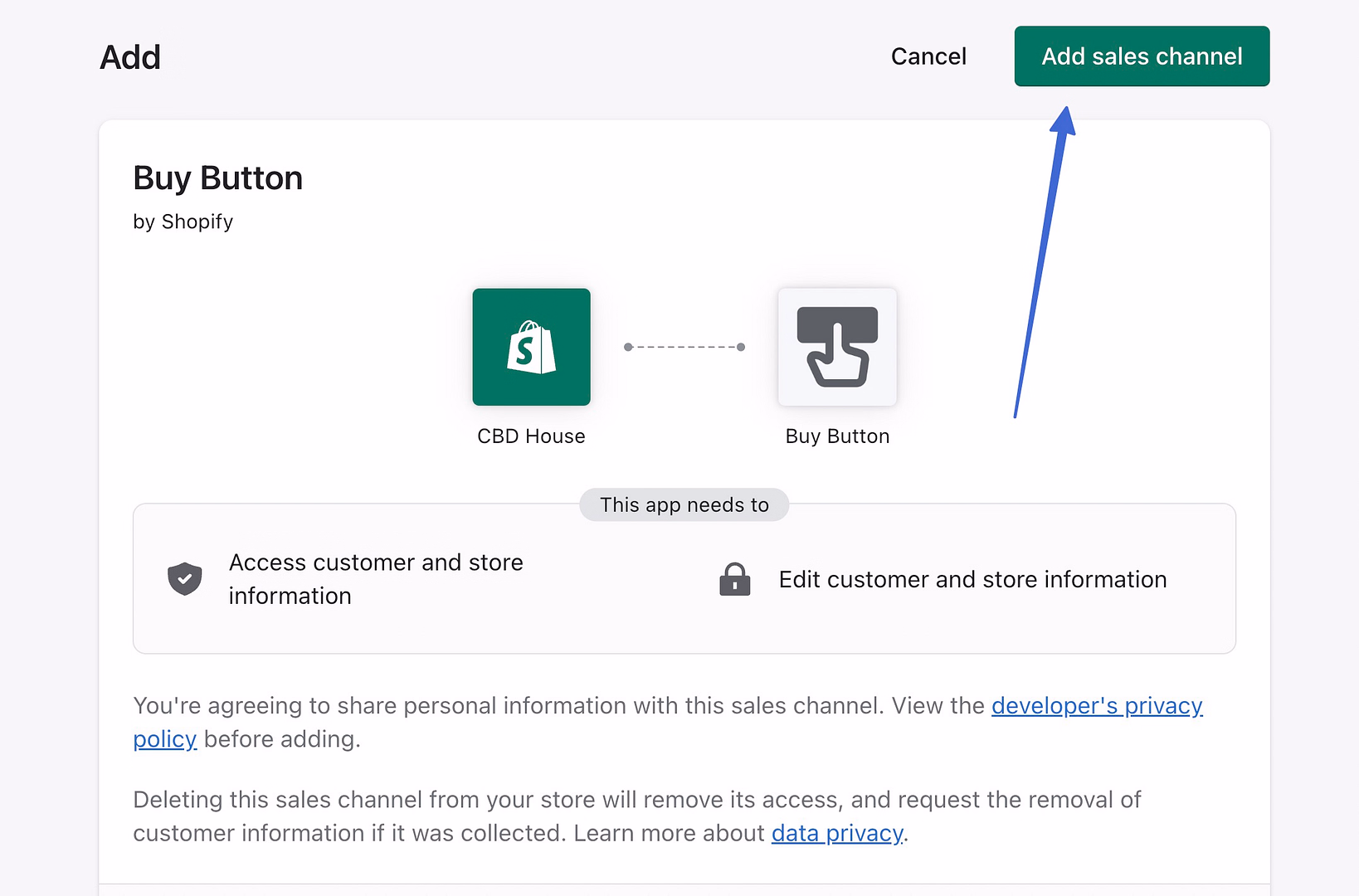 add sales channel to make the Shopify WordPress integration 