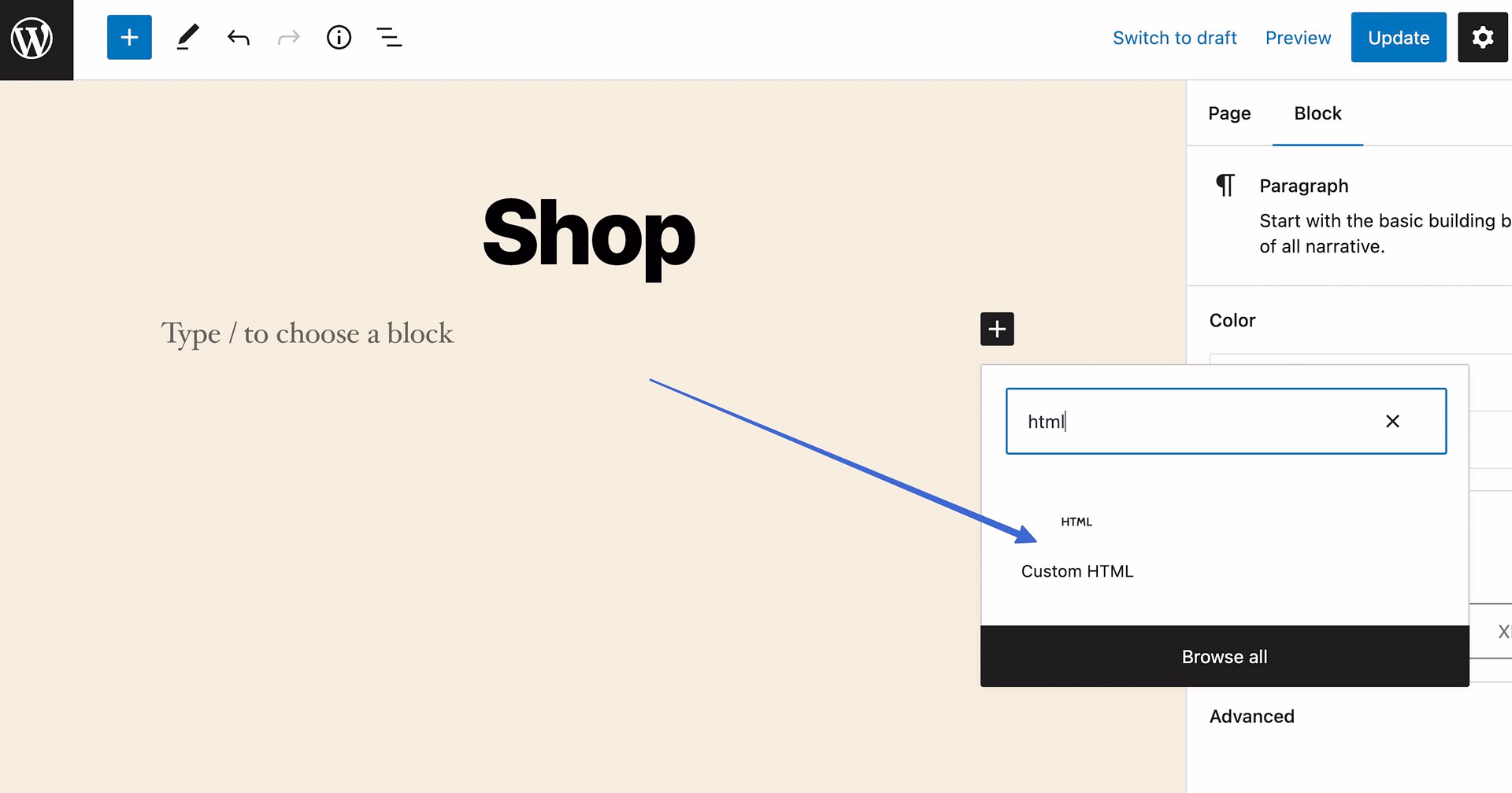 choosing the custom html module 