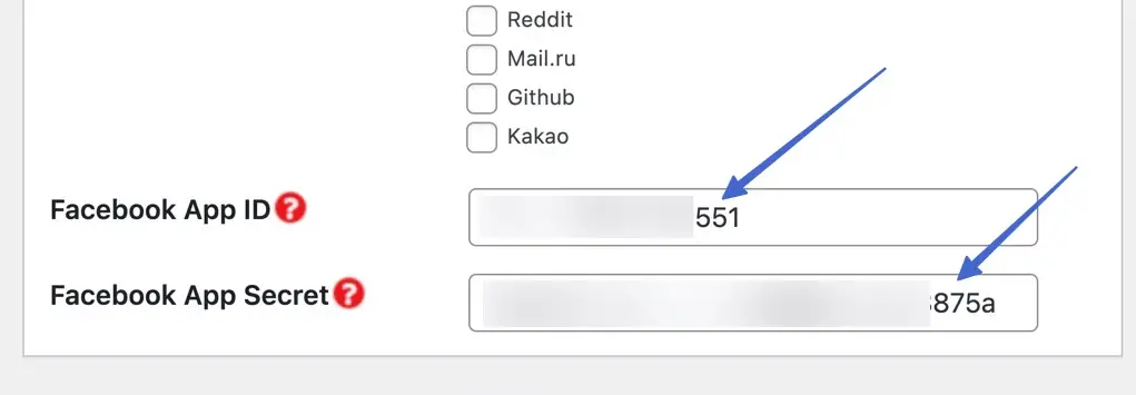 Facebook App ID an Secret pasted into the right fields