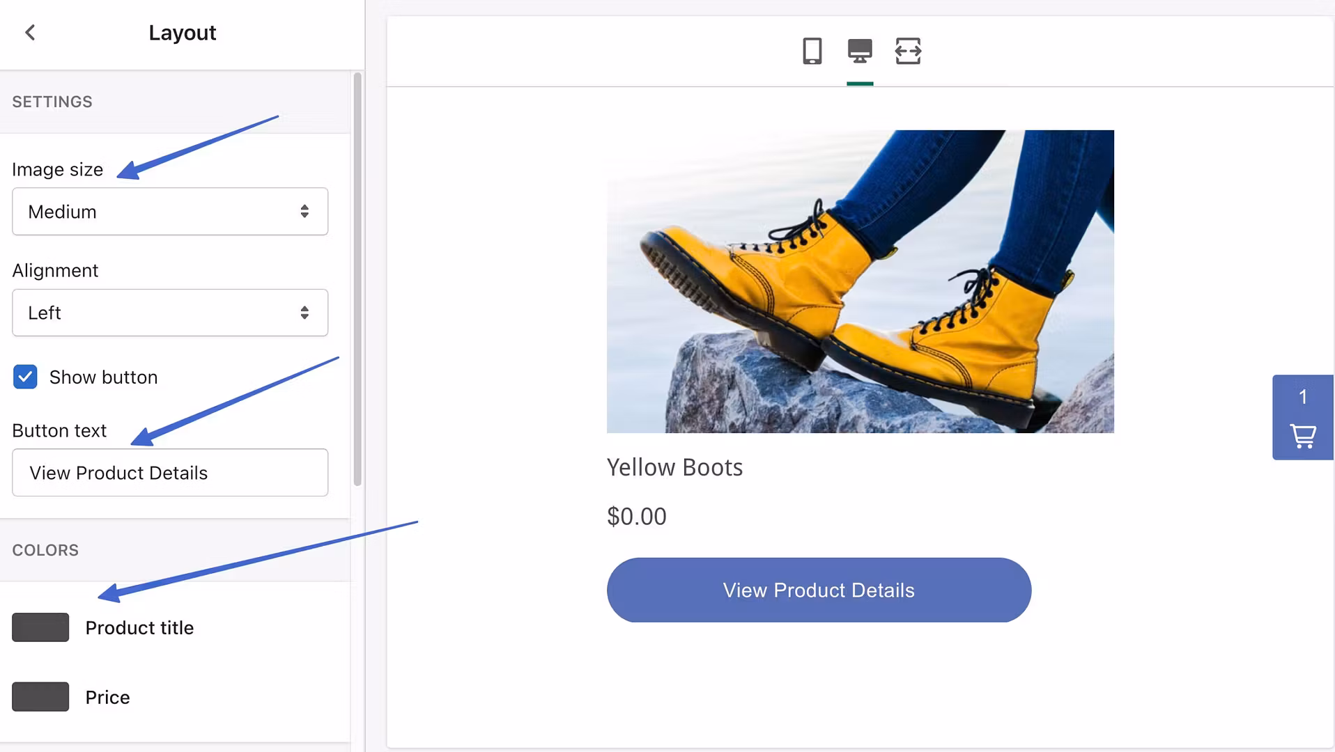 modifying image size and button text for Shopify WordPress integration 