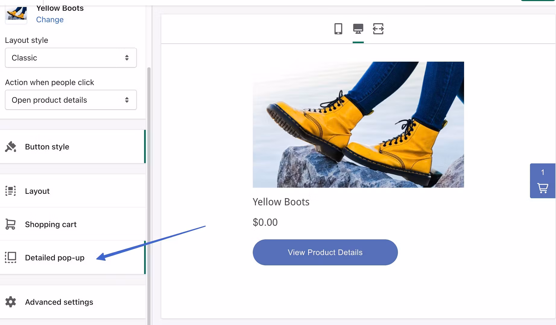 clicking the detailed popup button 
