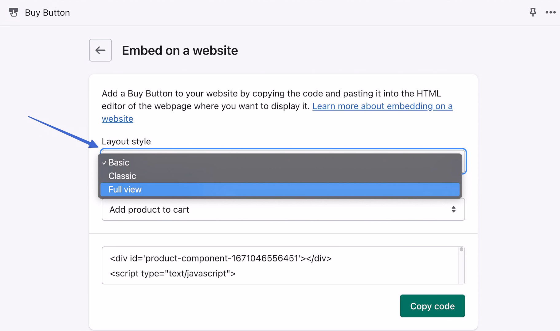 pick a layout style for the Shopify WordPress integration 