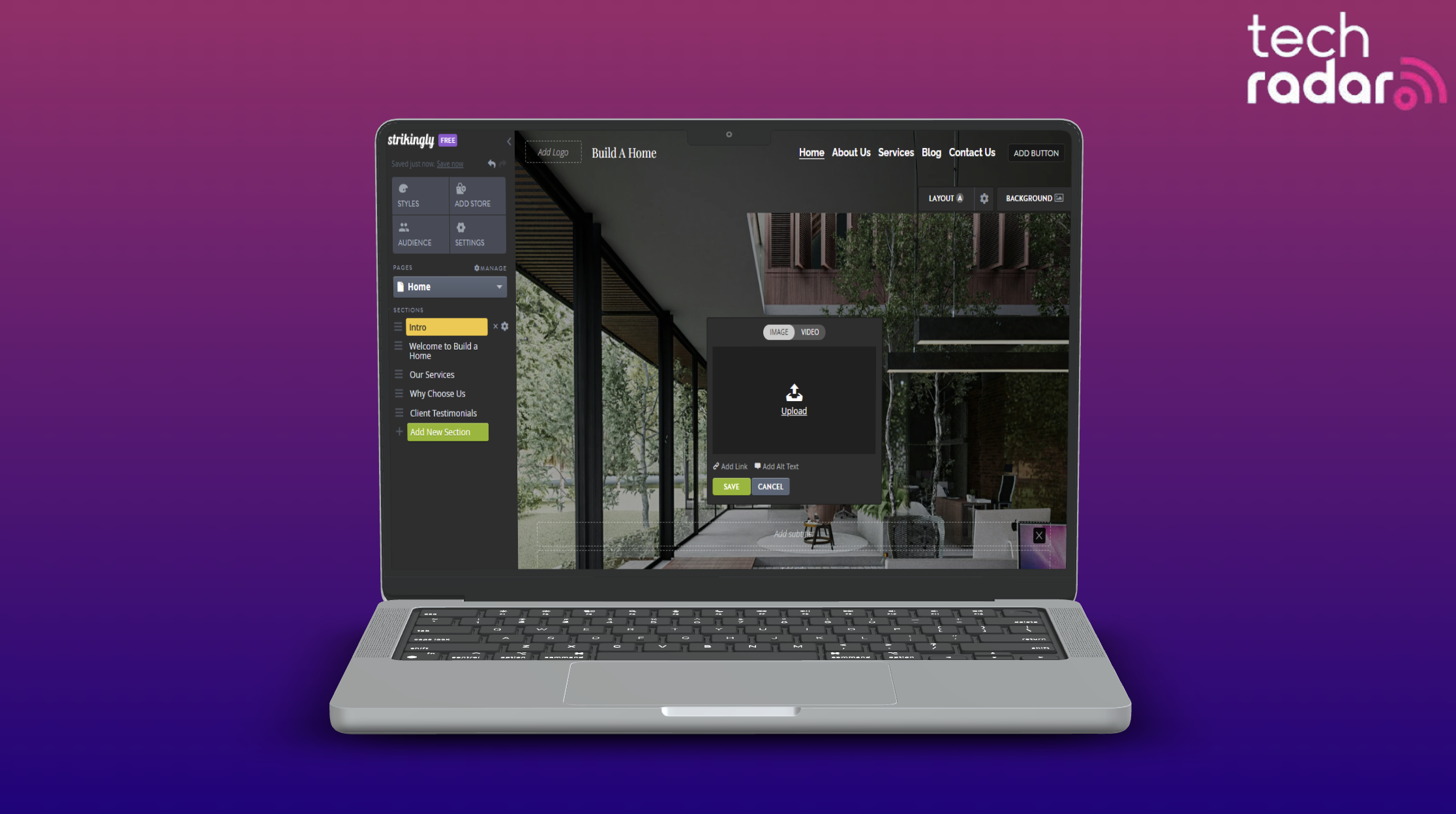Strikingly free website builder being used on a mac laptop screen with a blue and pink background