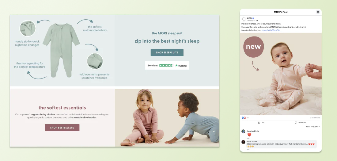 Mori product photography on its website and social media channel