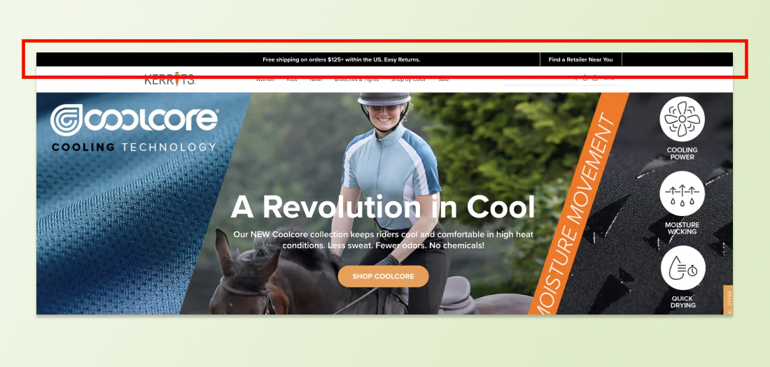Kerrits homepage has a free shipping banner