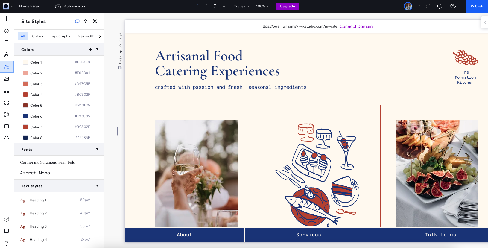 screenshot of the Wix Studio dashboard used to create a restaurant website