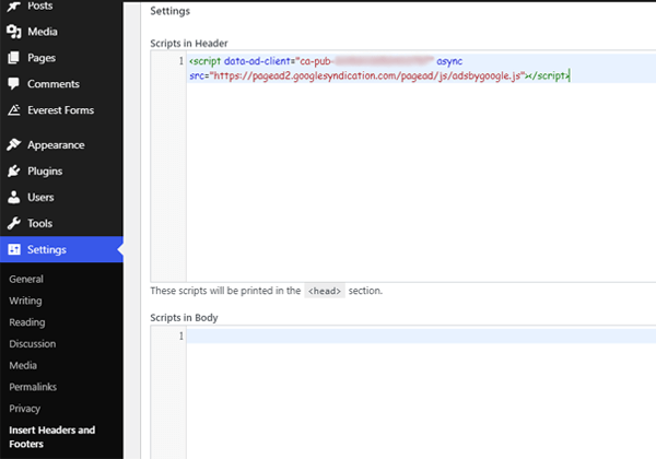Insert Script in Header - How to Place Ads in WordPress