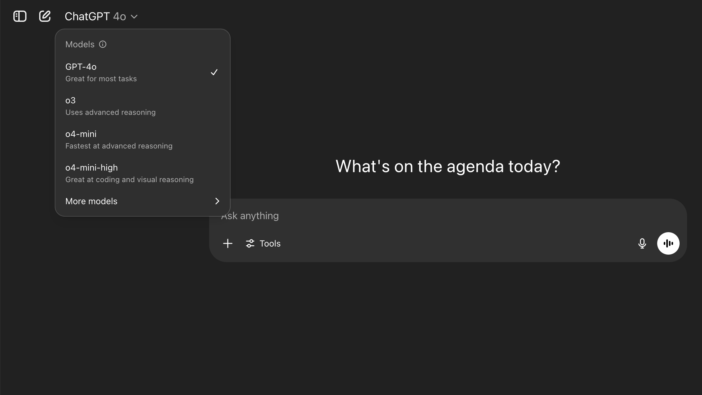 A screenshot of ChatGPT's model names