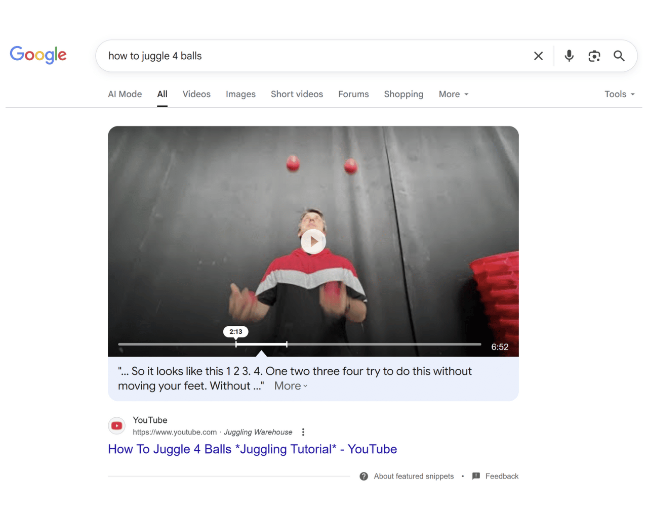 A screenshot shows a YouTube video in a Google search about how to juggle four balls