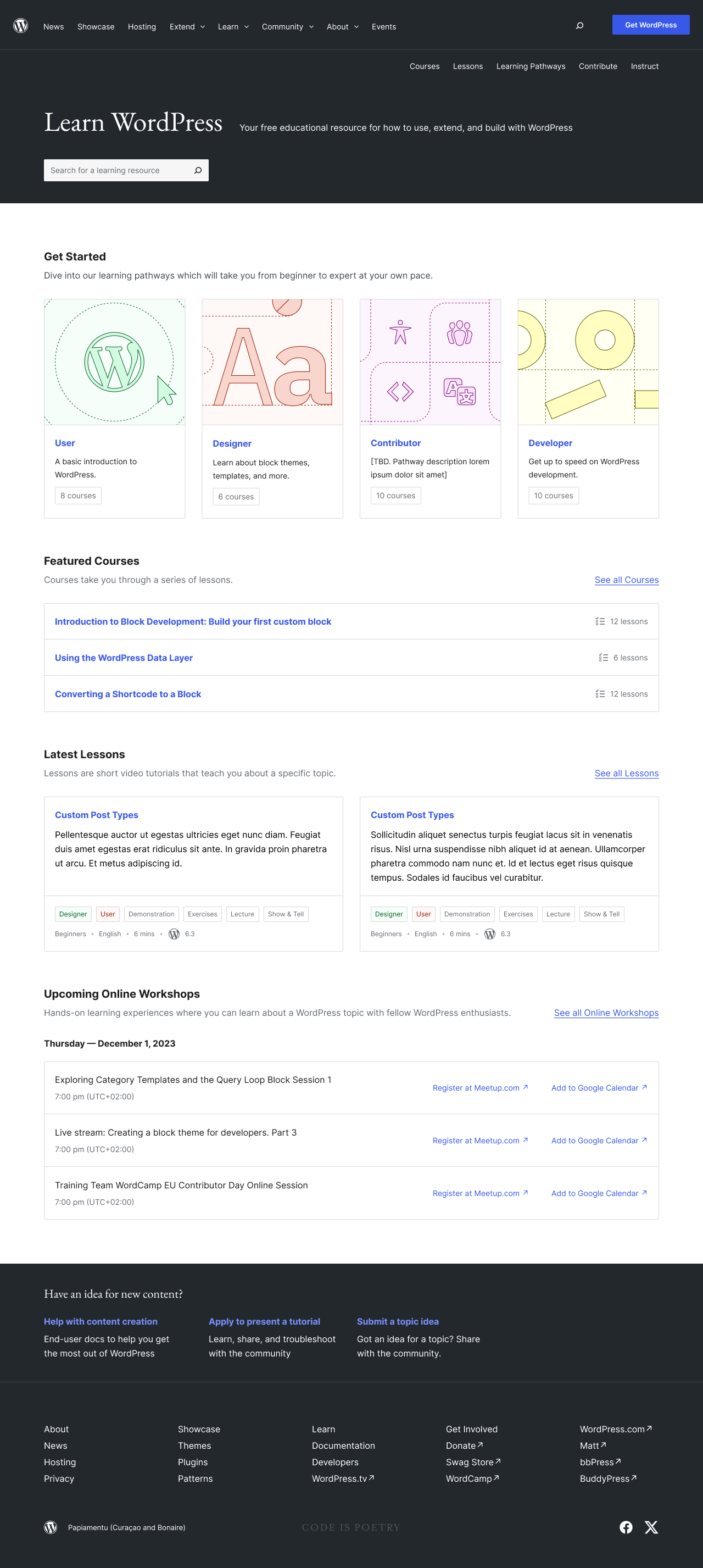 A screenshot of the new "Learn" homepage with sections including "Get Started, Structured Courses, and Latest Lessons"