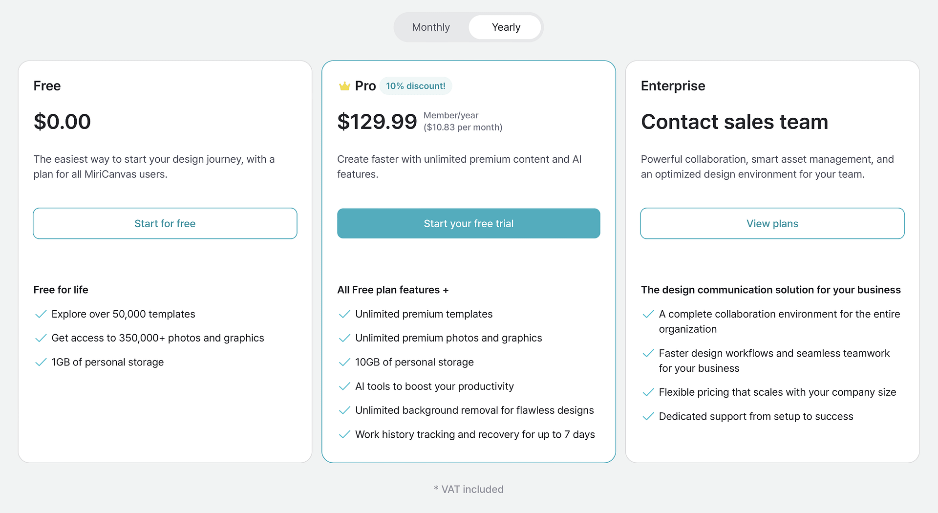 MiriCanvas pricing plans.