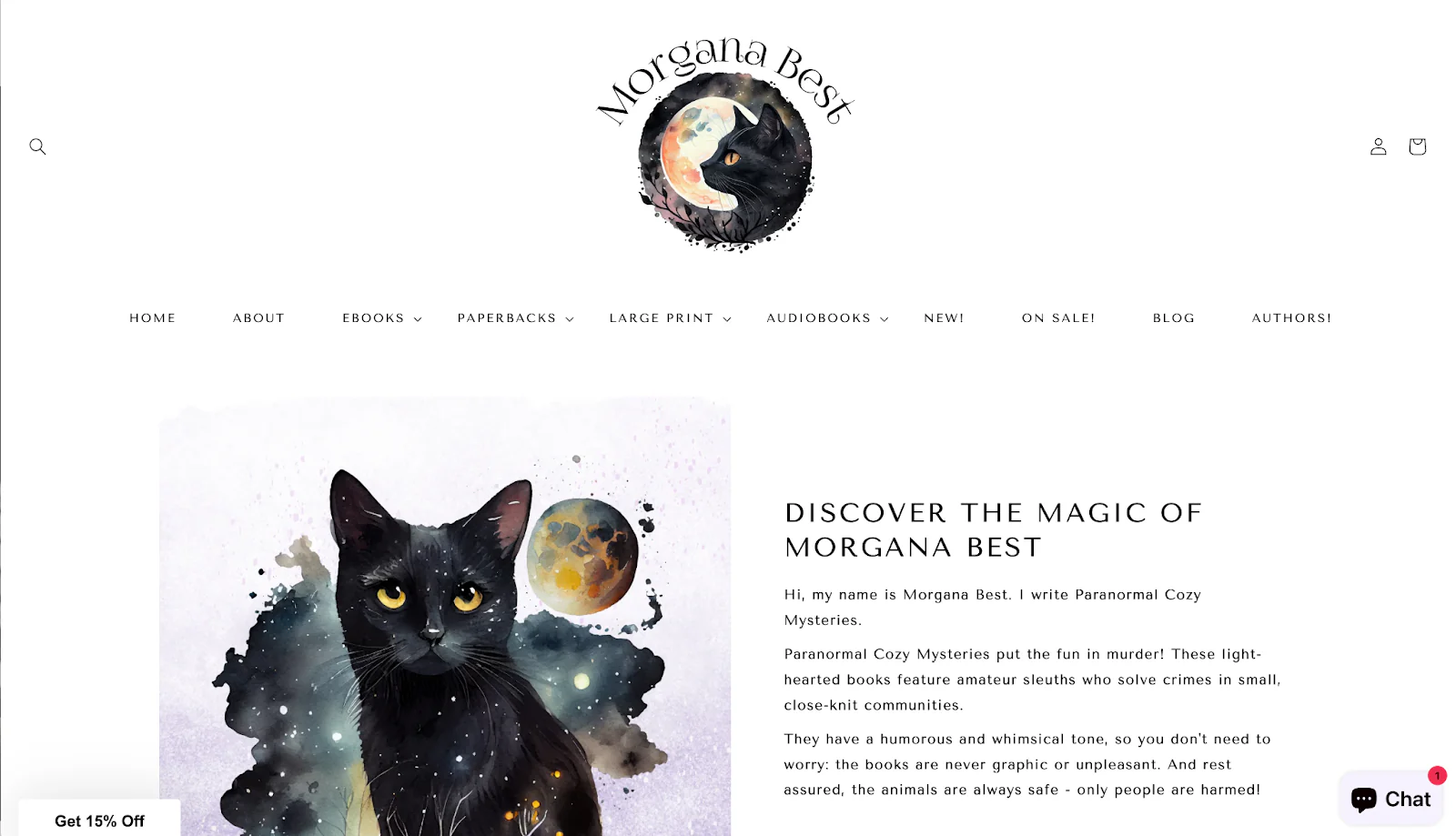 A witchy introduction on fiction writer Morgana Best’s homepage with an illustration of a black cat