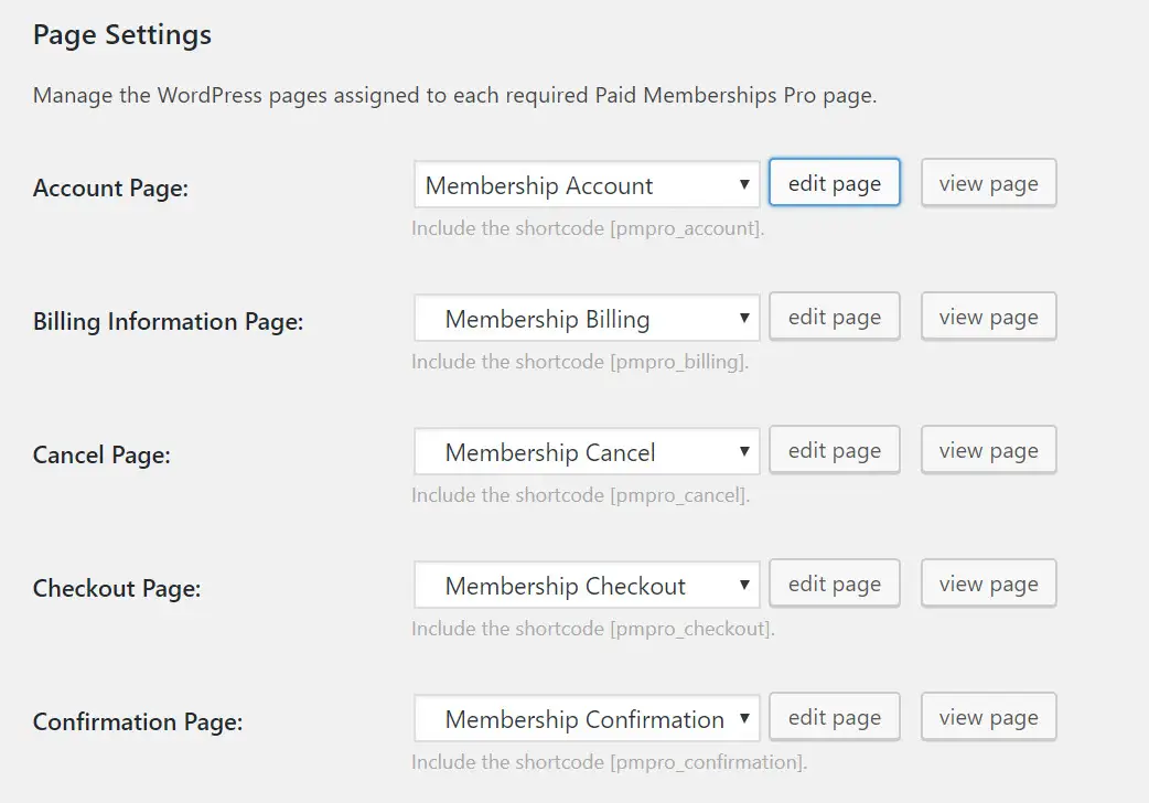 Edit page settings inside the Paid Memberships Pro plugin