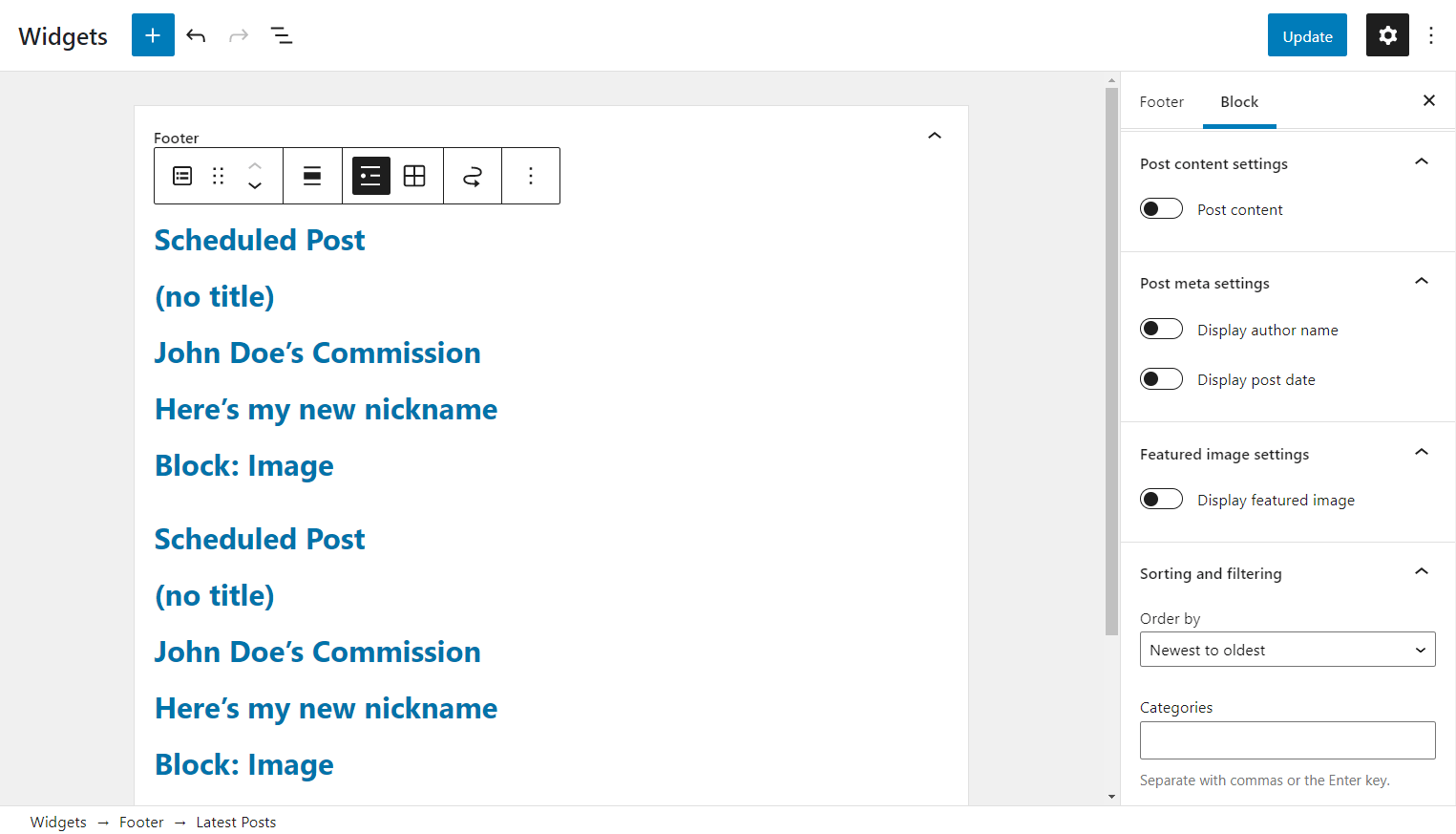 A demonstration of the Recent Posts widget.