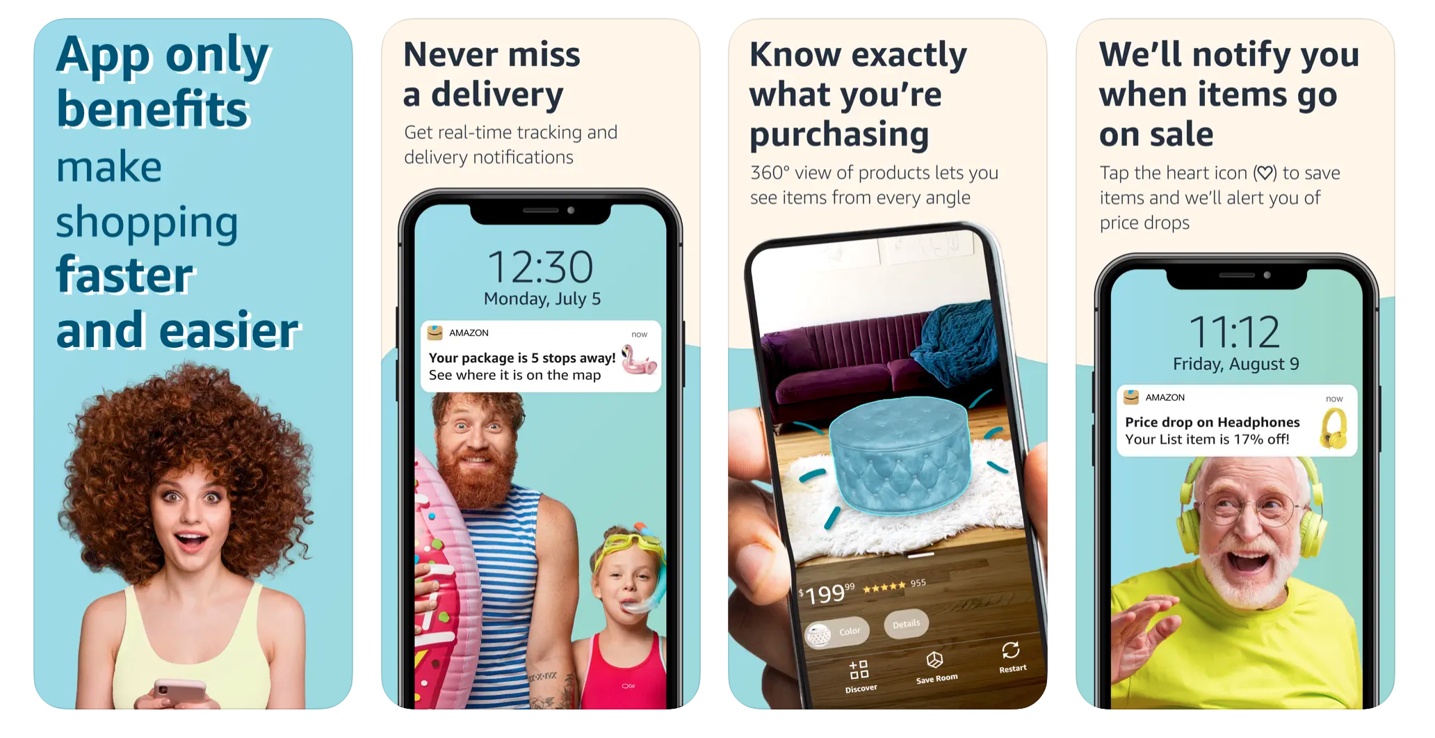 Four screenshots of the Amazon app from the App Store.