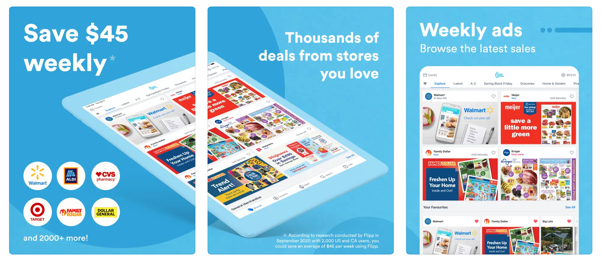 Three screenshots of the Flipp app from the App Store.