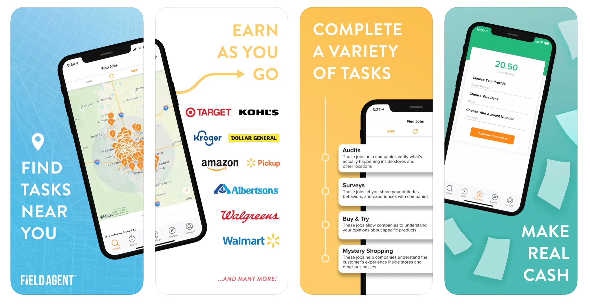 Four screenshots of the Field Agent app from the App Store.