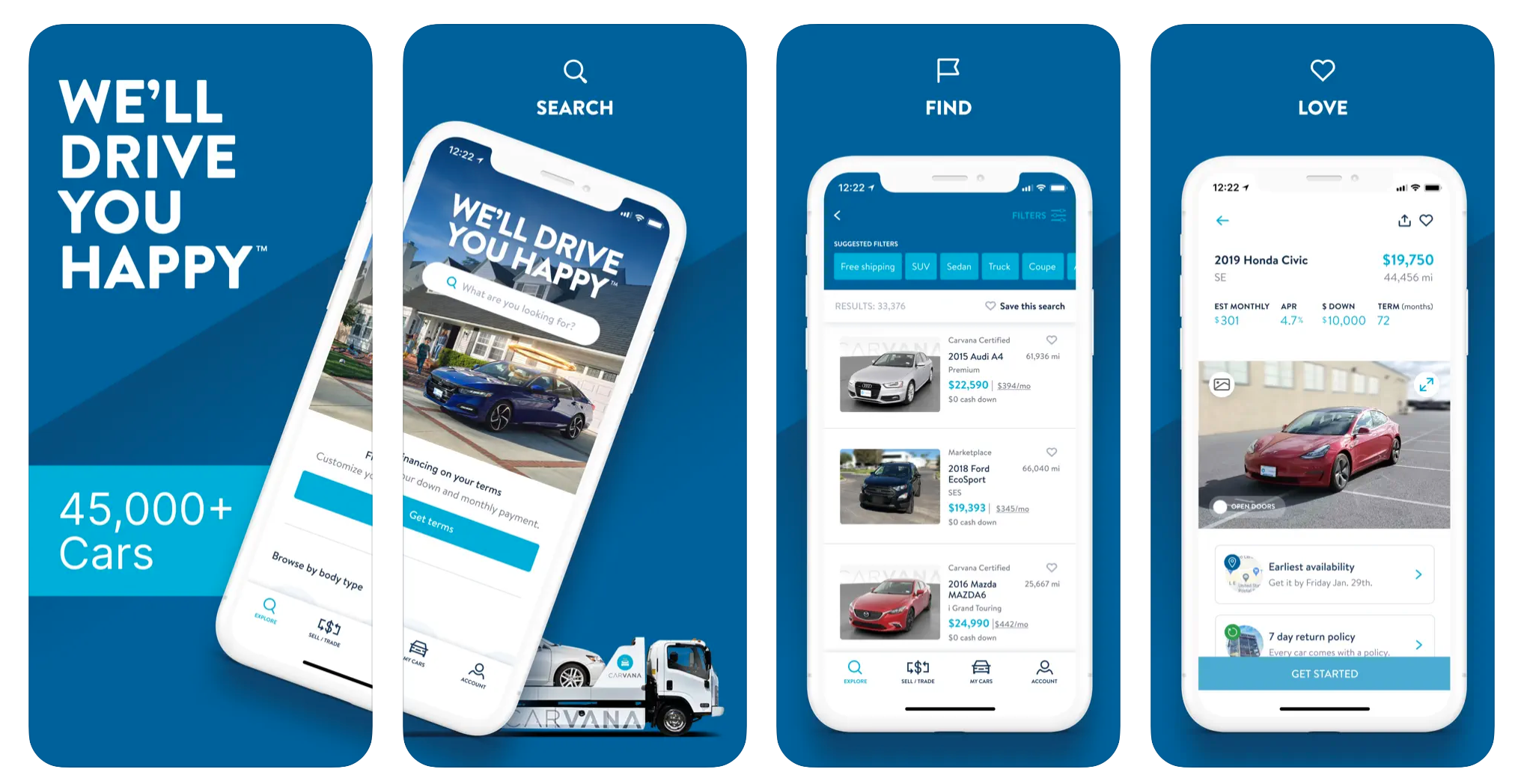 Four screenshots of the Carvana app from the App Store.