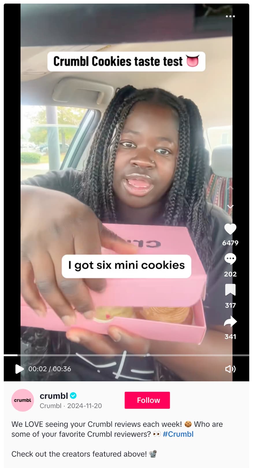 Screenshot of a TikTok post from Crumbl that features several different creators
