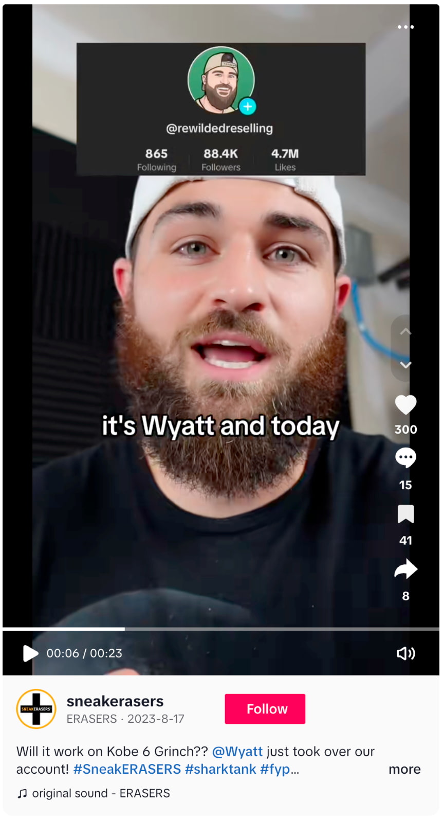 TikTok post from Sneaker Erasers that was a social media takeover by a influencer Wyatt, @rewildereselling on TikTok