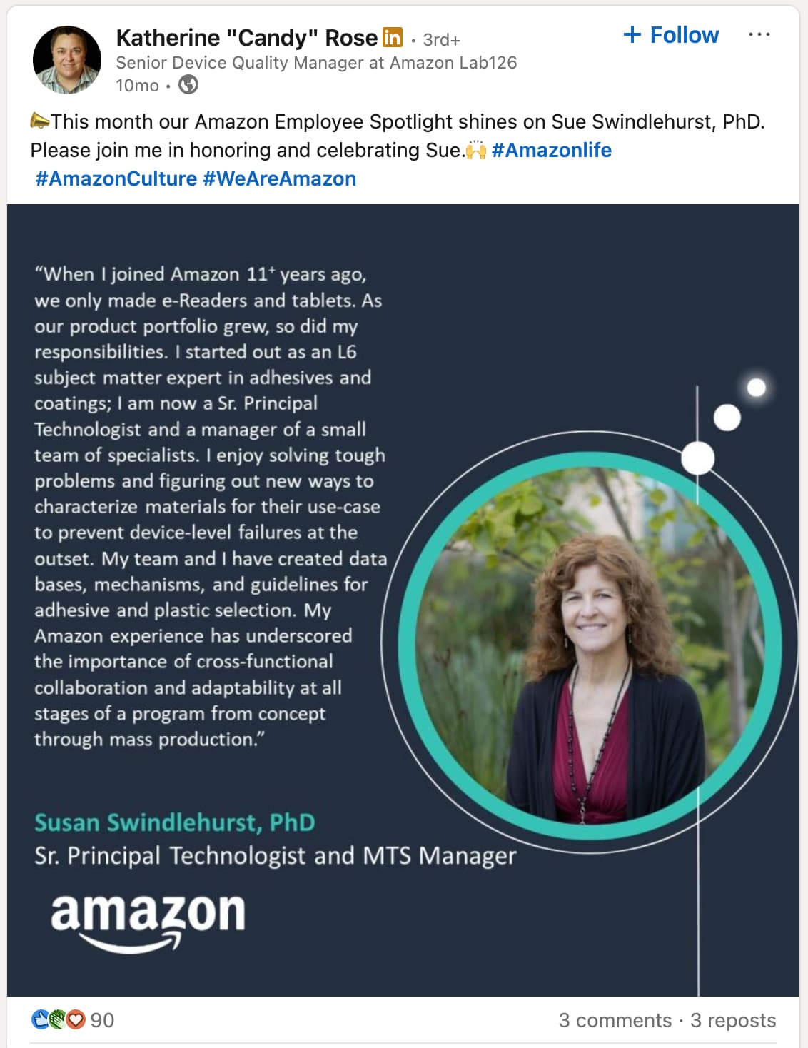 LinkedIn post of a team member spotlight of an employee at Amazon