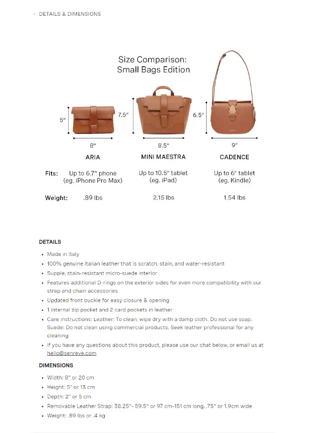 Product dimension specifications for Senreve products