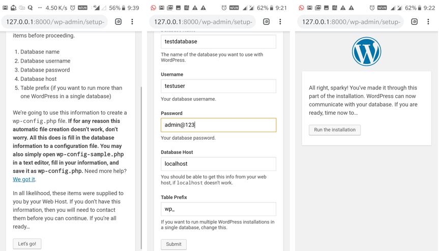 Setting up the Worpdress on Android web server