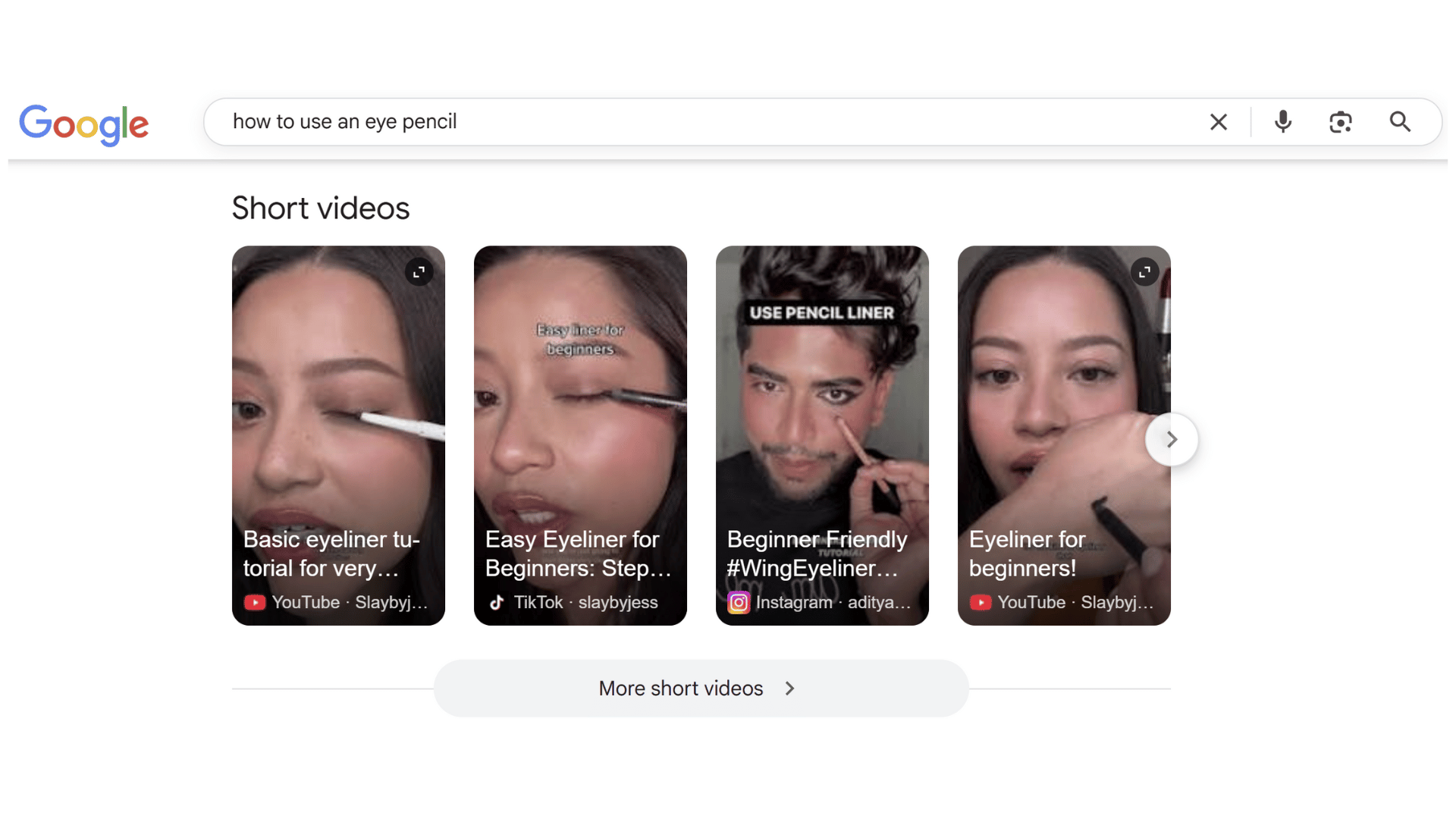 A screenshot shows Instagram, TikTok and YouTube shorts appearing in a search for an eye pencil tutorial