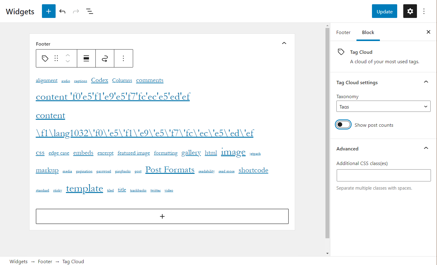 The Tag Cloud, which is an important block to know how to edit widgets with. 