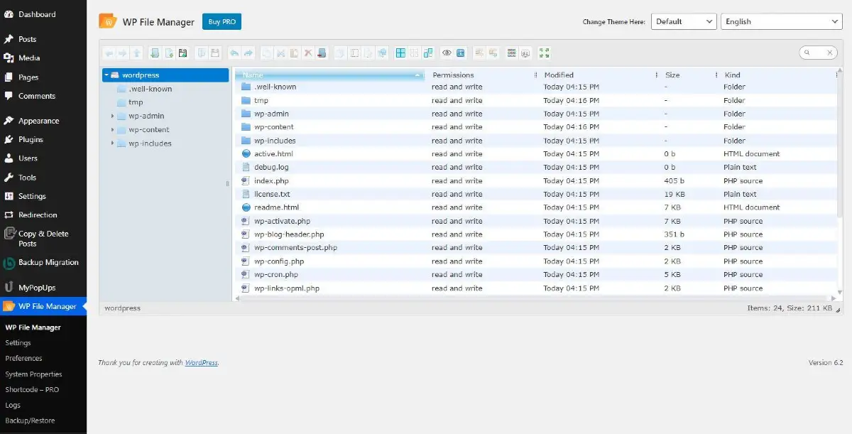 The File Manager plugin's dashboard in WordPress.