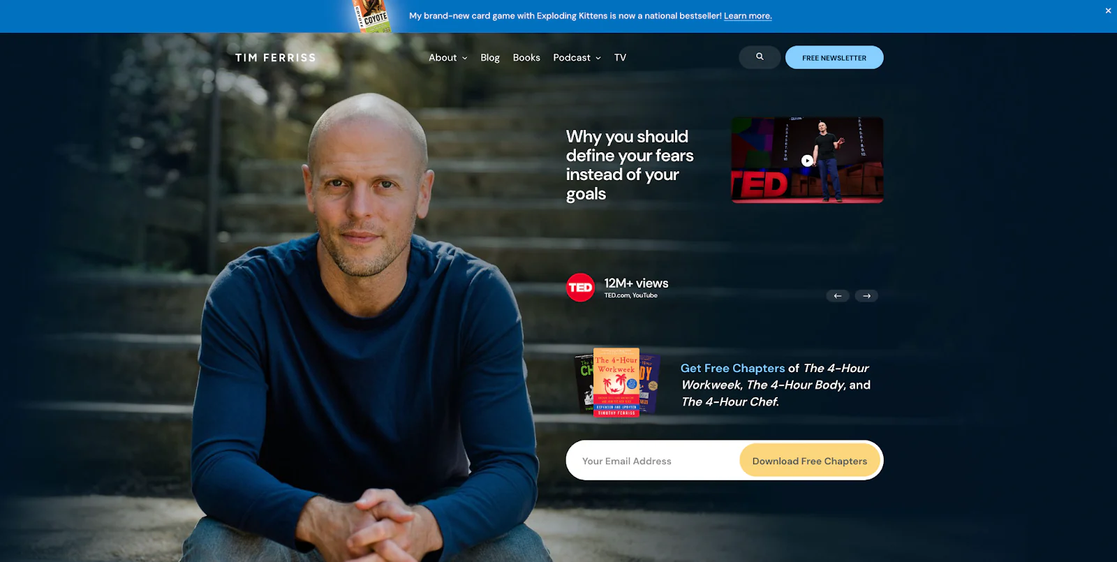 The homepage for author, speaker, and podcaster Tim Ferriss with an image of him looking at the camera