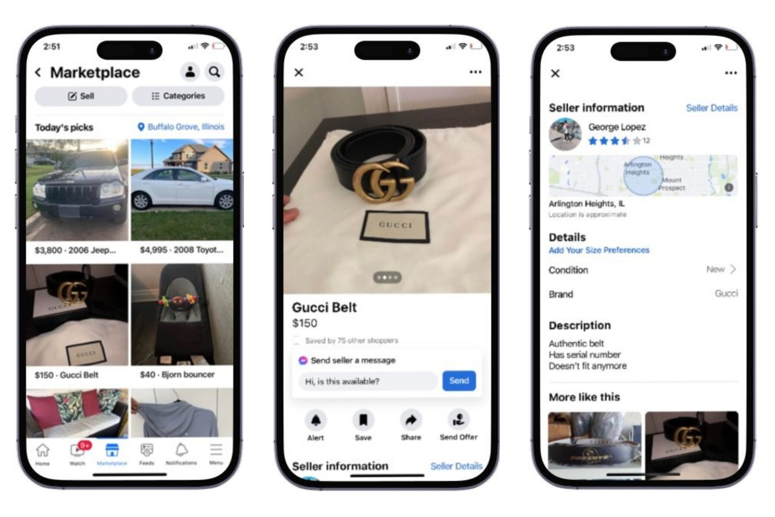 Three screenshots of the Facebook marketplace interface in the Facebook app.