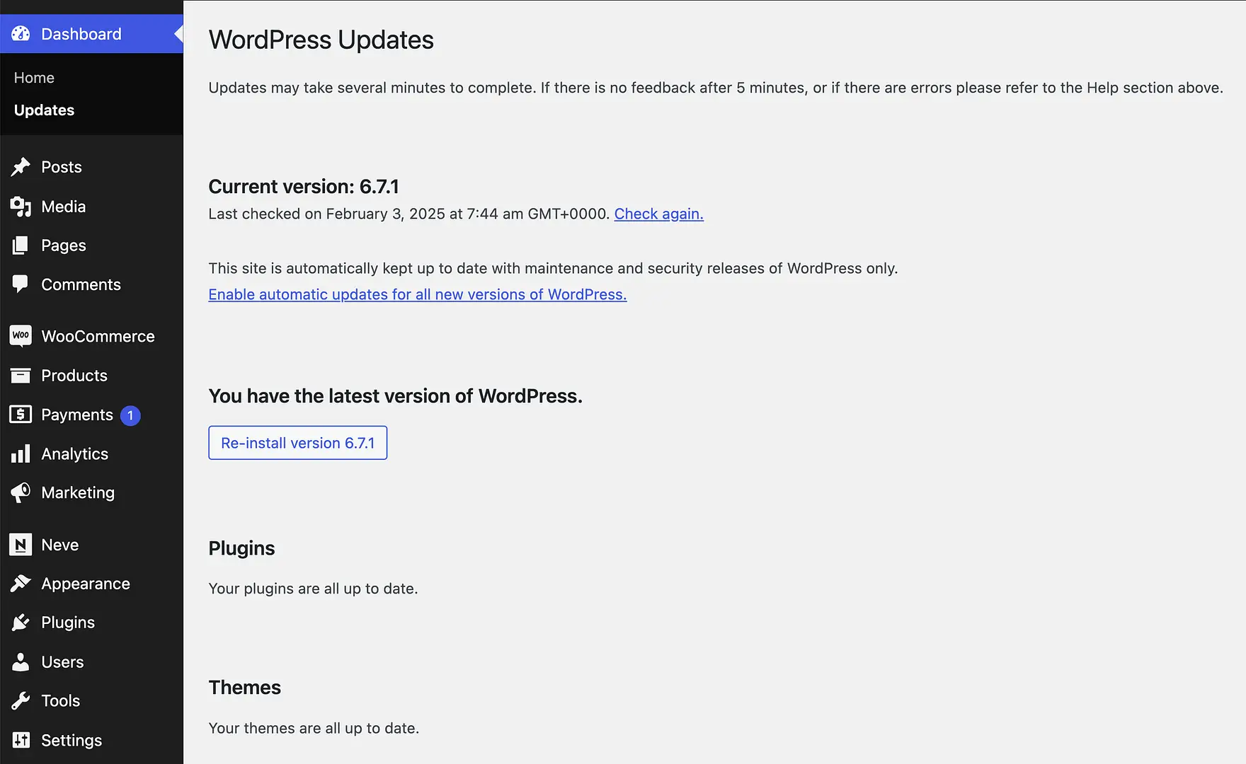 The WordPress updates page. 