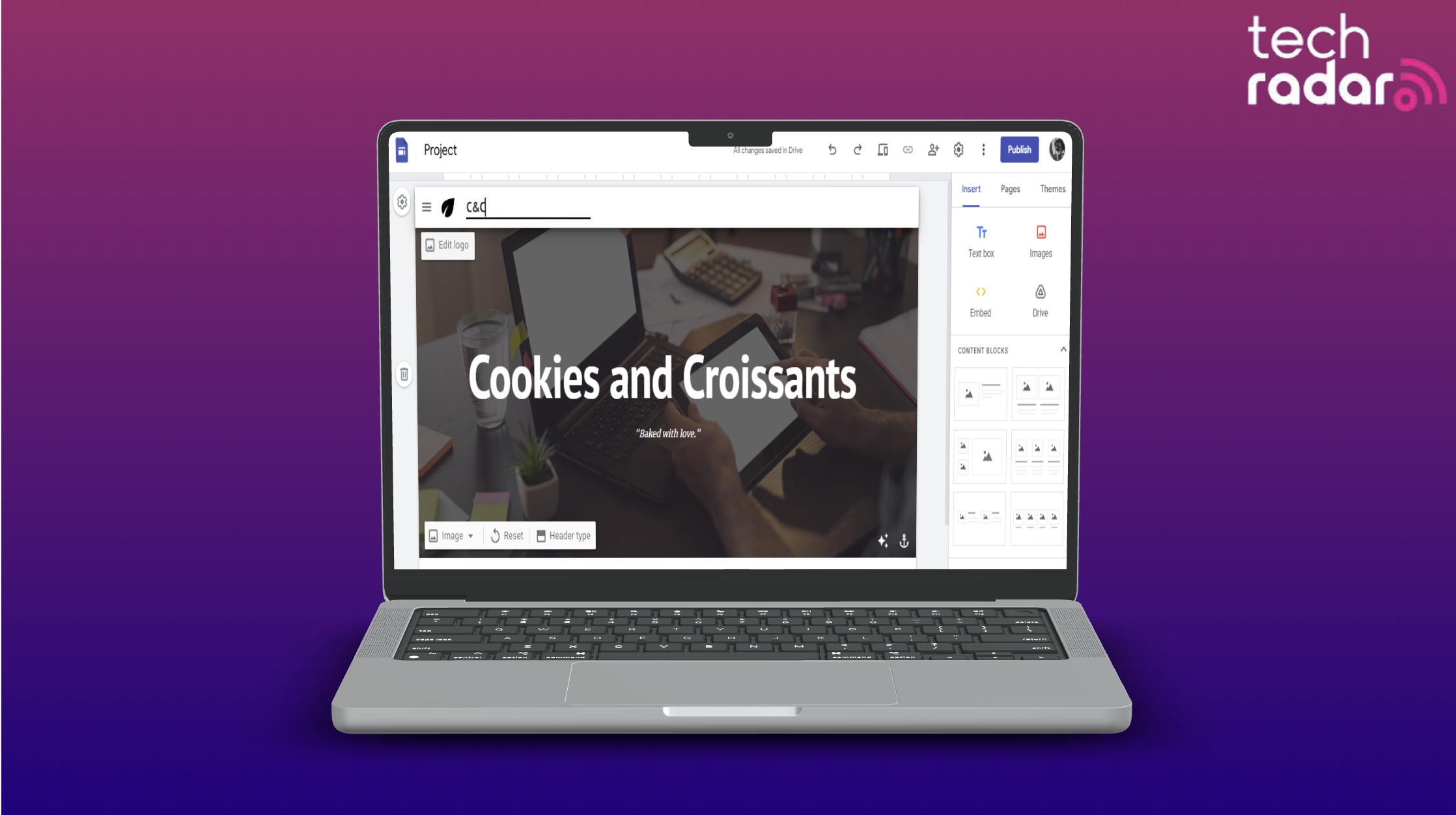 Google Sites free website builder being used on a mac laptop screen with a blue and pink background