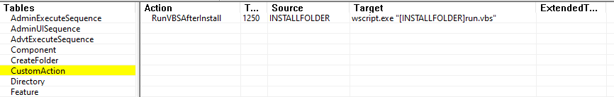 The MSI installer initially executes the VB script using CustomAction.