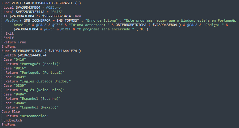 Language verification routine ensuring Windows is set to Portuguese (Brazil).